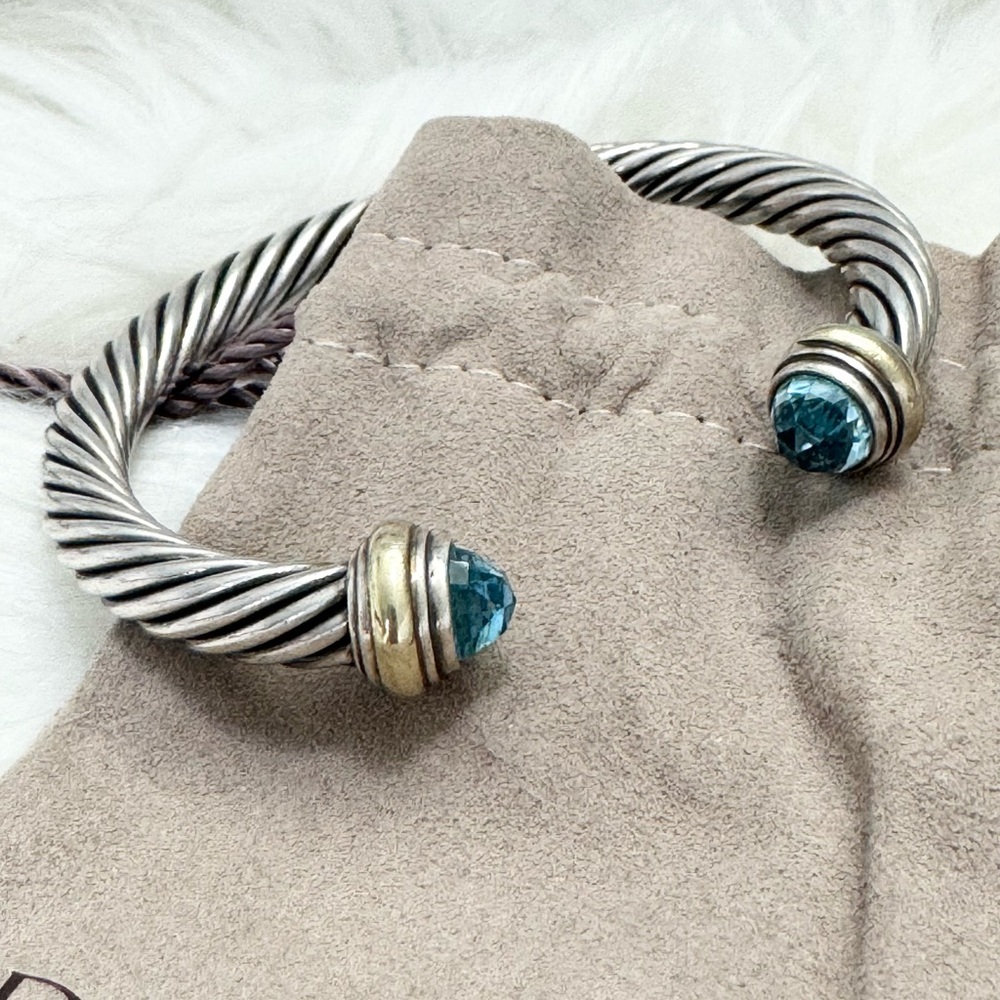 David Yurman 7mm Blue Topaz Cable Classic Cuff Bracelet .925/14K Gold - Picture 3 of 10